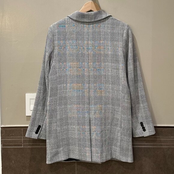 H&M Checked Pattern Double-Breasted Midi-Length Blazer Jacket (Grey/Black/White) - Picture 4 of 16